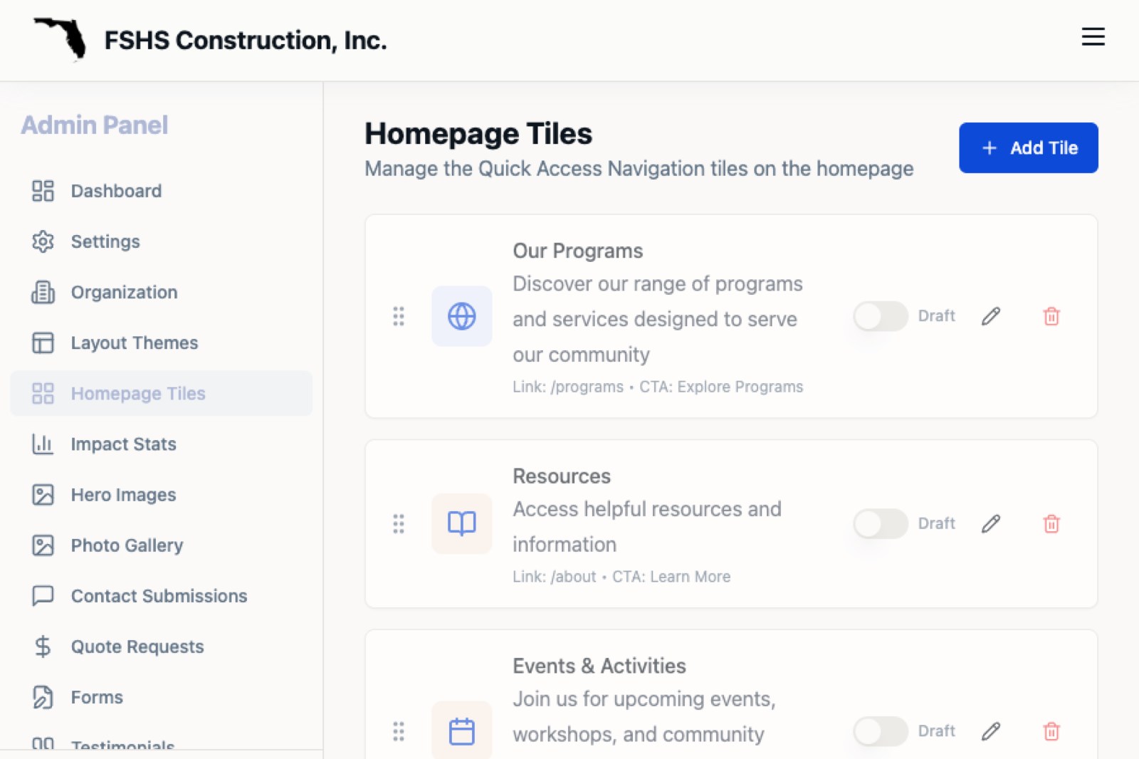 Homepage tiles and module management